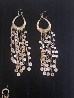Gold Toned Sequin Fringe Drop Earrings - Women Jewelry